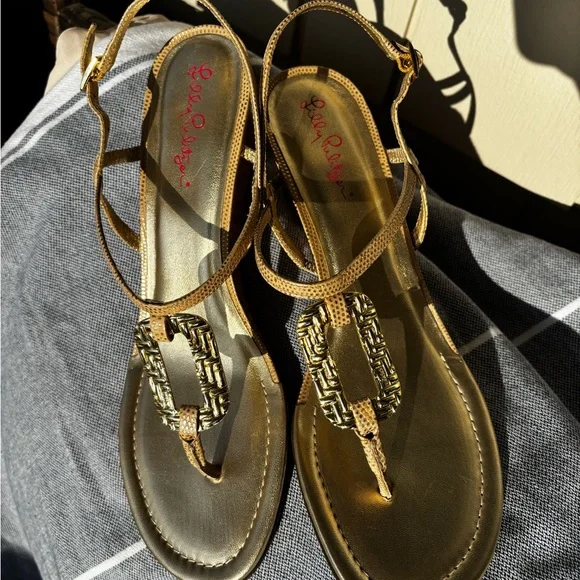 Lilly Pulitzer NEW Gold Metallic T-Strap Sandals 10M - Picture 5 of 10